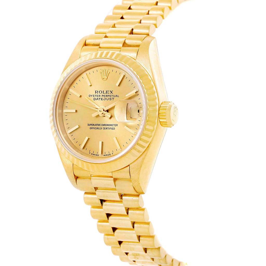 The image shows a side view of a Rolex President 69178 Women
s Yellow Gold Champagne Dial 69178 Women
s Yellow Gold Champagne Dial model watch, highlighting the dial, crown, and bracelet.