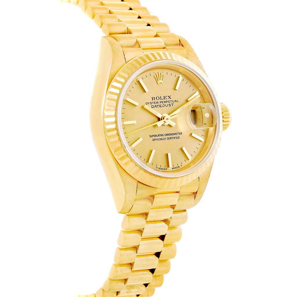 The Rolex President 69178 Women
s Yellow Gold Champagne Dial 69178 Women
s Yellow Gold Champagne Dial model watch is shown at a slight angle, displaying the face, bezel, crown, and band.