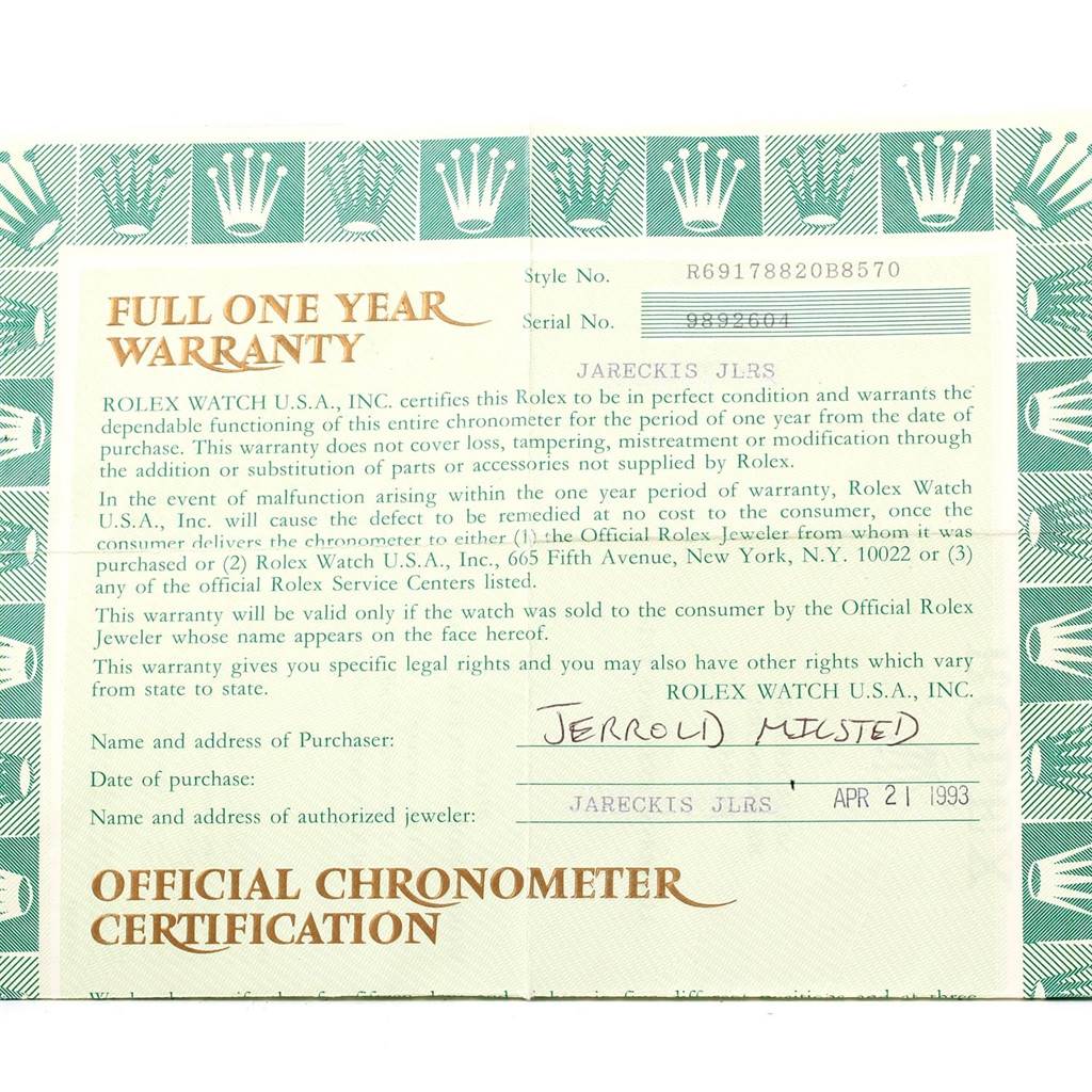 The image shows a full one-year warranty card for a Rolex President 69178 Women
s Yellow Gold Champagne Dial 69178 Women
s Yellow Gold Champagne Dial model watch.