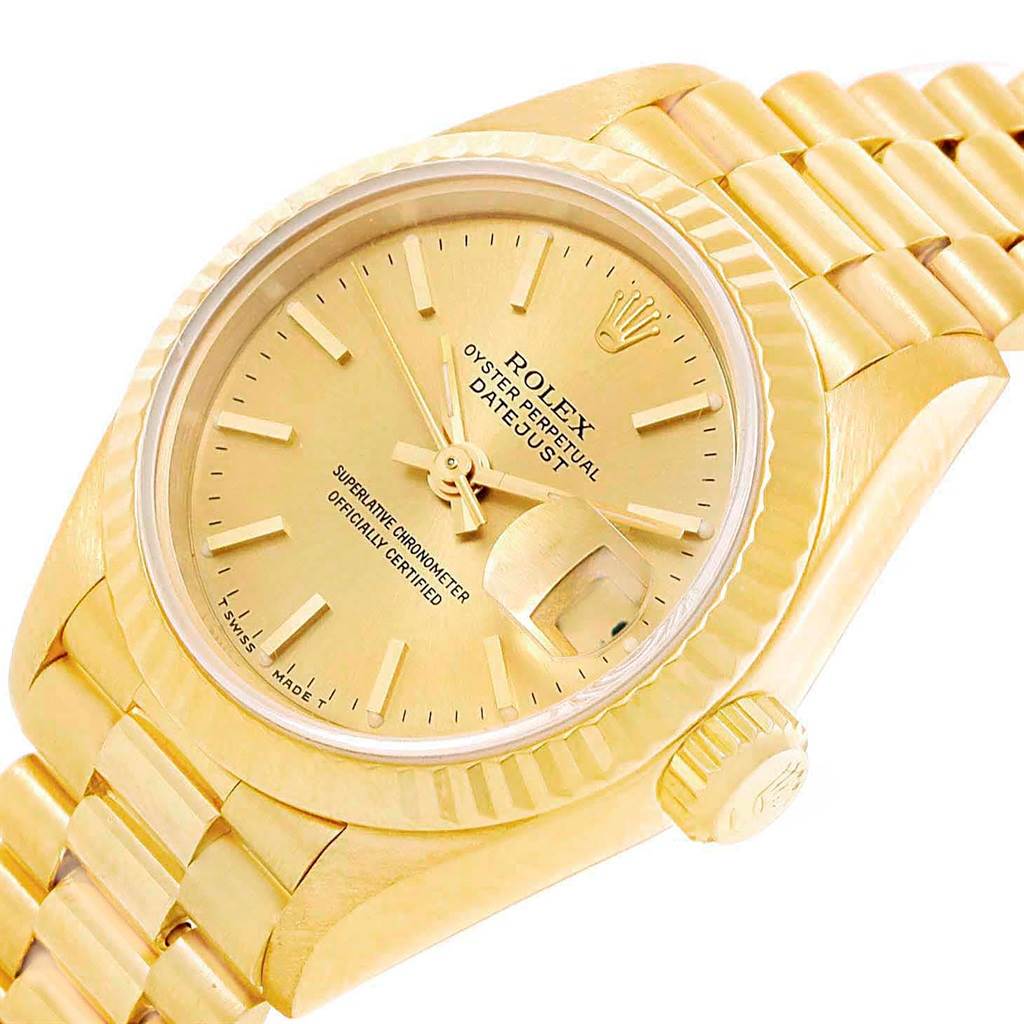 This image shows a close-up of the Rolex President 69178 Women
s Yellow Gold Champagne Dial 69178 Women
s Yellow Gold Champagne Dial model watch, focusing on the dial, bezel, and part of the bracelet.