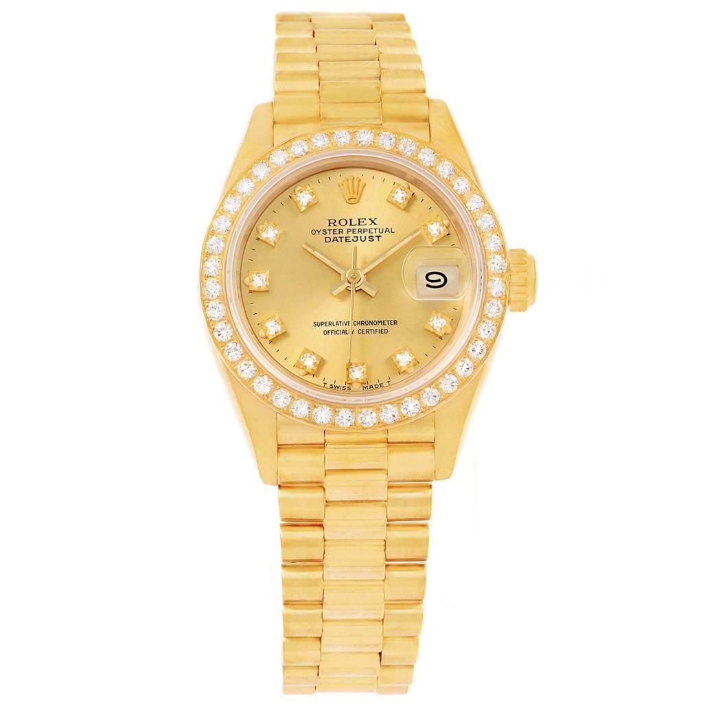 The image shows a frontal view of a gold Rolex President 69178 Women's Stainless Steel Champagne Dial 69178 Women's Stainless Steel Champagne Dial model watch with a diamond bezel and date display.