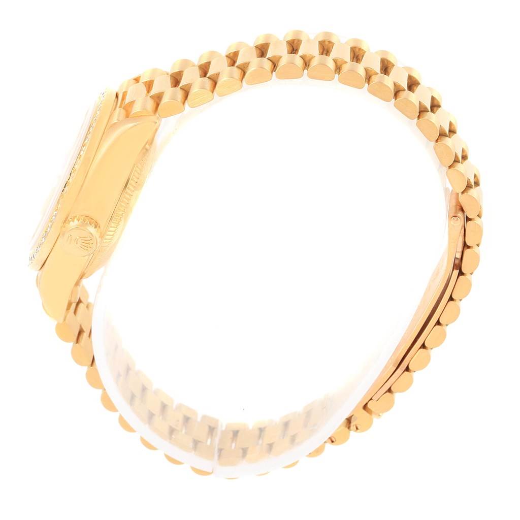 This is a side view of a Rolex President 69178 Women's Stainless Steel Champagne Dial 69178 Women's Stainless Steel Champagne Dial model watch, focusing on the case and bracelet.