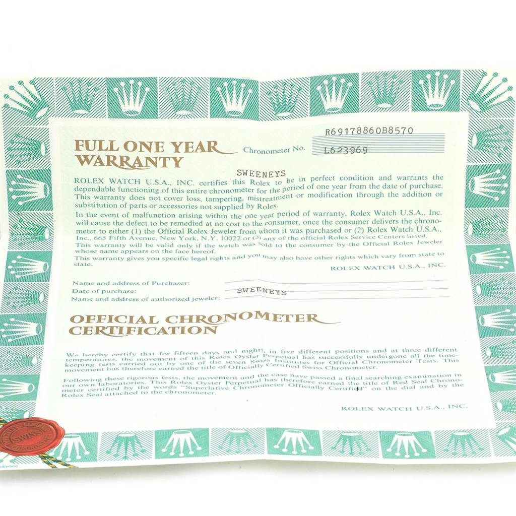 The image shows a Rolex warranty and chronometer certification for a President model by Rolex.