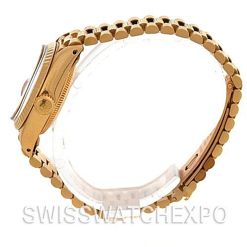 This image shows a side view of the Rolex President 6917 Women's Yellow Gold Blue Dial 6917 Women's Yellow Gold Blue Dial model watch, highlighting the case, crown, and bracelet.