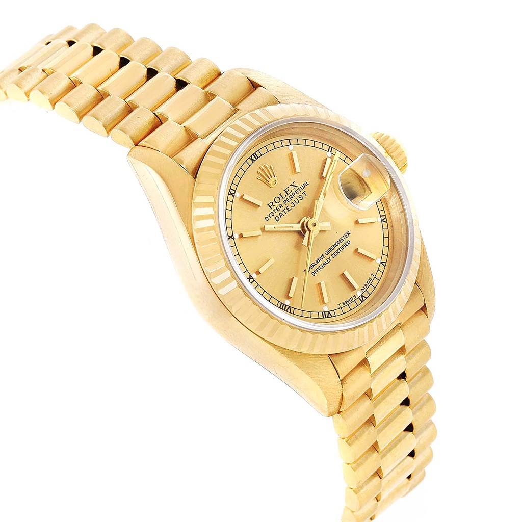 This Rolex President 69178 Women
s Yellow Gold Champagne Dial 69178 Women
s Yellow Gold Champagne Dial model watch is shown at an angle displaying the dial, bezel, crown, and part of the bracelet.