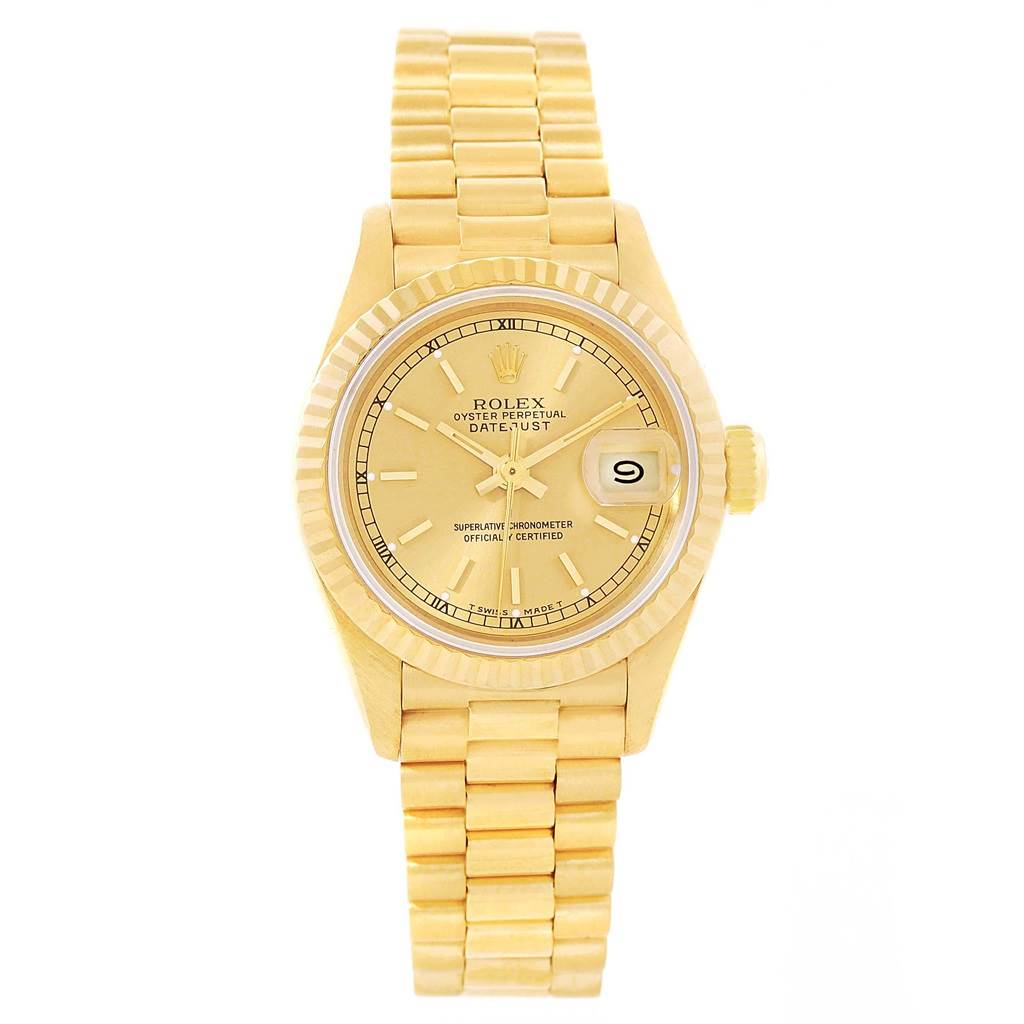 The Rolex President 69178 Women
s Yellow Gold Champagne Dial 69178 Women
s Yellow Gold Champagne Dial model watch is shown from a top-down angle, displaying the dial, bezel, and bracelet clearly.