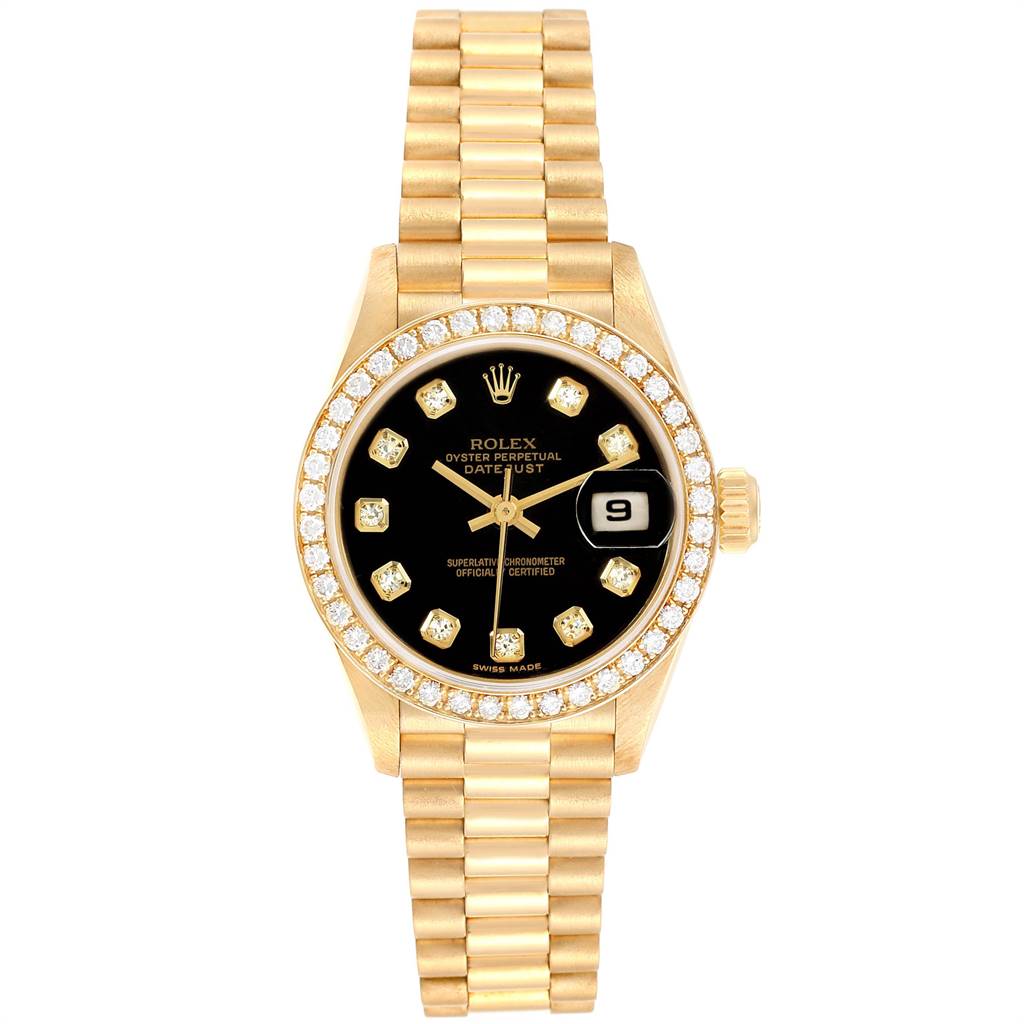 This image shows a front view of a Rolex President 69138 Women
s Yellow Gold Black Dial 69138 Women
s Yellow Gold Black Dial model, highlighting its black dial, gold bracelet, and diamond bezel.