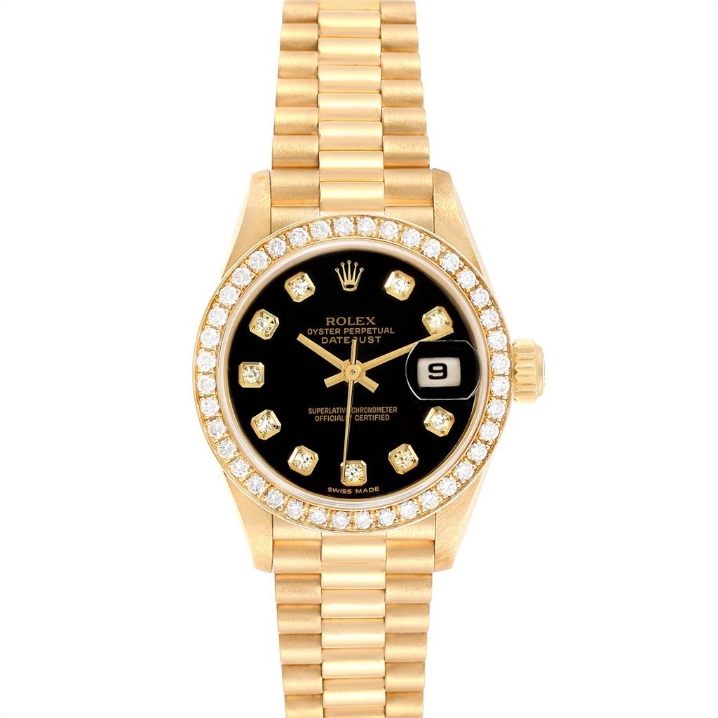 This is a top view of a Rolex President 69138 Women
s Yellow Gold Black Dial 69138 Women
s Yellow Gold Black Dial model watch, showcasing the black dial, diamond markers, gold case, and bracelet.