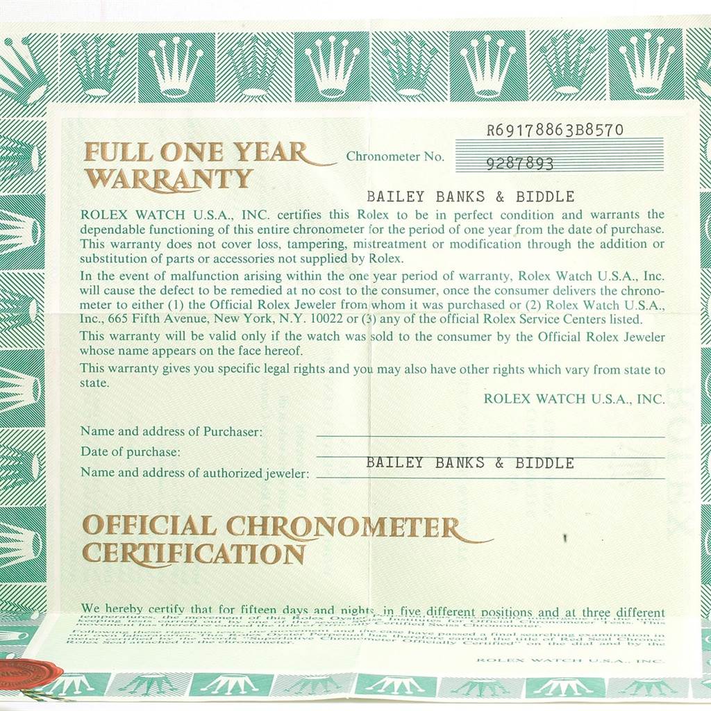 This is a warranty and chronometer certification document for the Rolex President 69178 Women's Yellow Gold Orange Dial 69178 Women's Yellow Gold Orange Dial model.