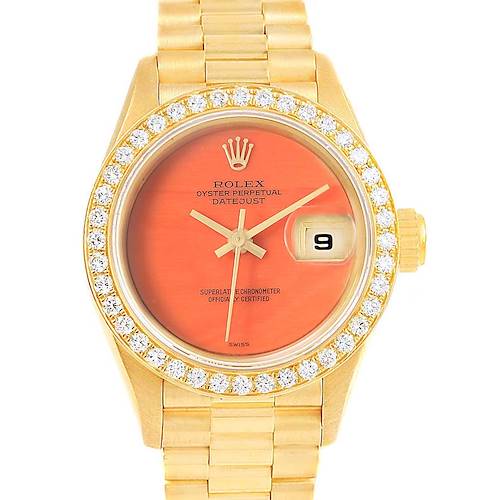 Photo of Rolex President 26 Yellow Gold Coral Diamond Watch 69178 Box Papers