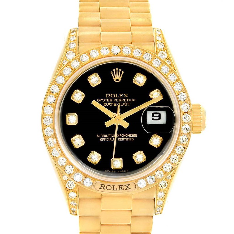 Rolex President Crown Yellow Gold Black Diamond Dial Ladies Watch 69158 SwissWatchExpo