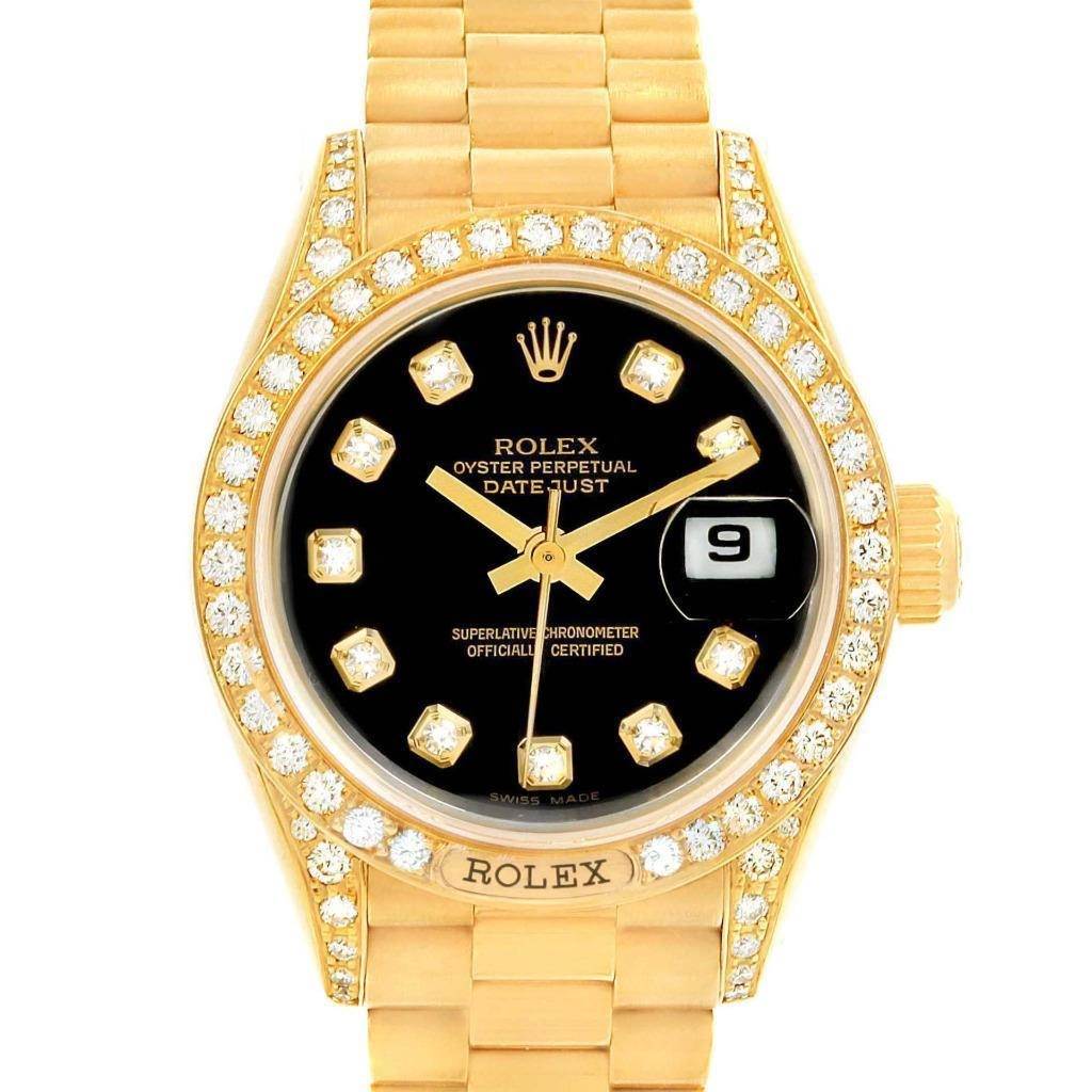 Rolex President Crown Yellow Gold Black Diamond Dial Ladies Watch 69158 ...