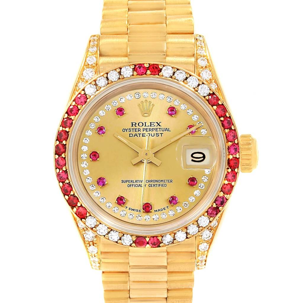 The image shows a frontal view of a Rolex President 69038 Women
s Yellow Gold Champagne Dial 69038 Women
s Yellow Gold Champagne Dial model, showcasing its dial, bezel, and bracelet.