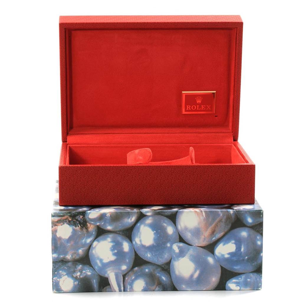 The image shows an open red watch box for the Rolex President 69038 Women
s Yellow Gold Champagne Dial 69038 Women
s Yellow Gold Champagne Dial model, positioned at a front angle.