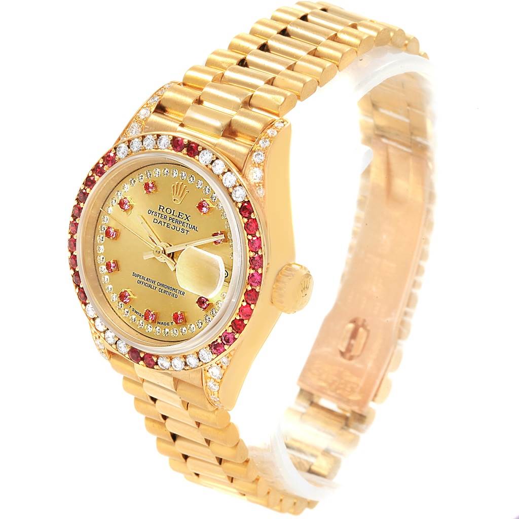 The image shows a Rolex President 69038 Women
s Yellow Gold Champagne Dial 69038 Women
s Yellow Gold Champagne Dial model watch at a slight angle, highlighting the dial, bezel, and gold bracelet.