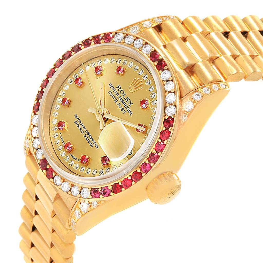 The image showcases a close-up of a Rolex President 69038 Women
s Yellow Gold Champagne Dial 69038 Women
s Yellow Gold Champagne Dial watch, featuring the dial, bezel, crown, and part of the bracelet.