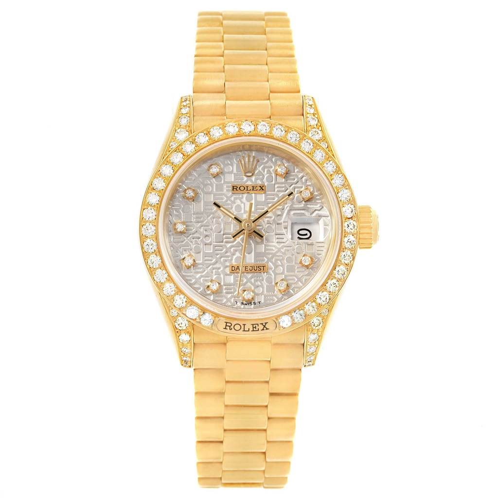 The image shows a Rolex President 69158 Women
s Yellow Gold Silver Dial 69158 Women
s Yellow Gold Silver Dial model watch from a top-down view, highlighting the dial, bezel, and bracelet.