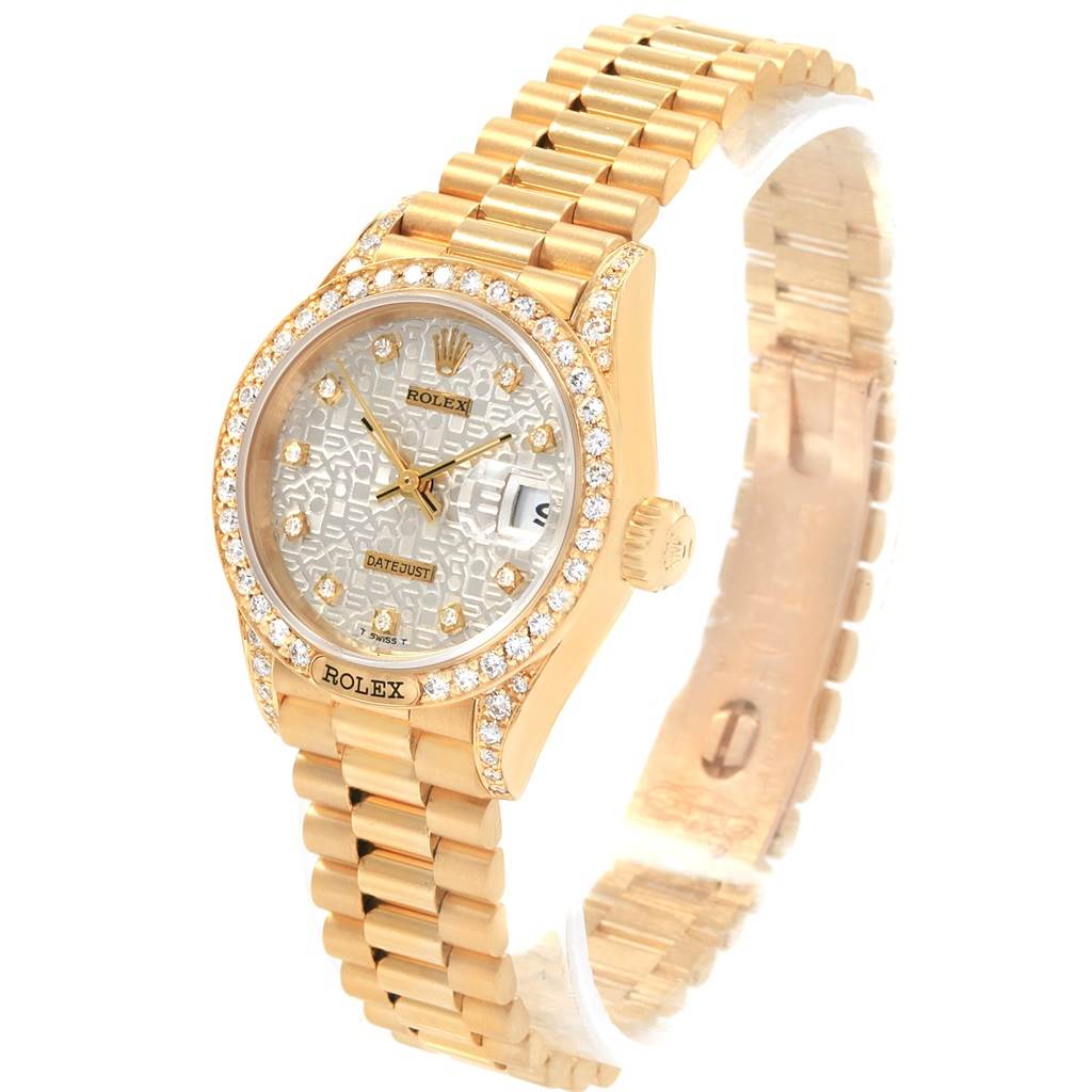 The Rolex President 69158 Women
s Yellow Gold Silver Dial 69158 Women
s Yellow Gold Silver Dial model watch is shown at a slight angle, displaying the face, bezel, crown, and bracelet.