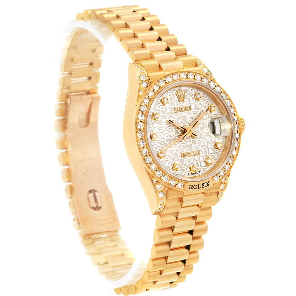 The image shows a Rolex President 69158 Women
s Yellow Gold Silver Dial 69158 Women
s Yellow Gold Silver Dial model watch at a 45-degree angle, highlighting the face, bezel, and band.