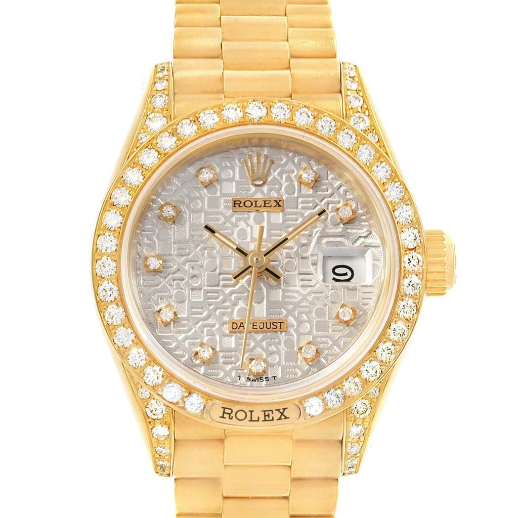 This image shows a frontal view of the Rolex President 69158 Women
s Yellow Gold Silver Dial 69158 Women
s Yellow Gold Silver Dial model watch, displaying its dial, bezel, and part of the bracelet.