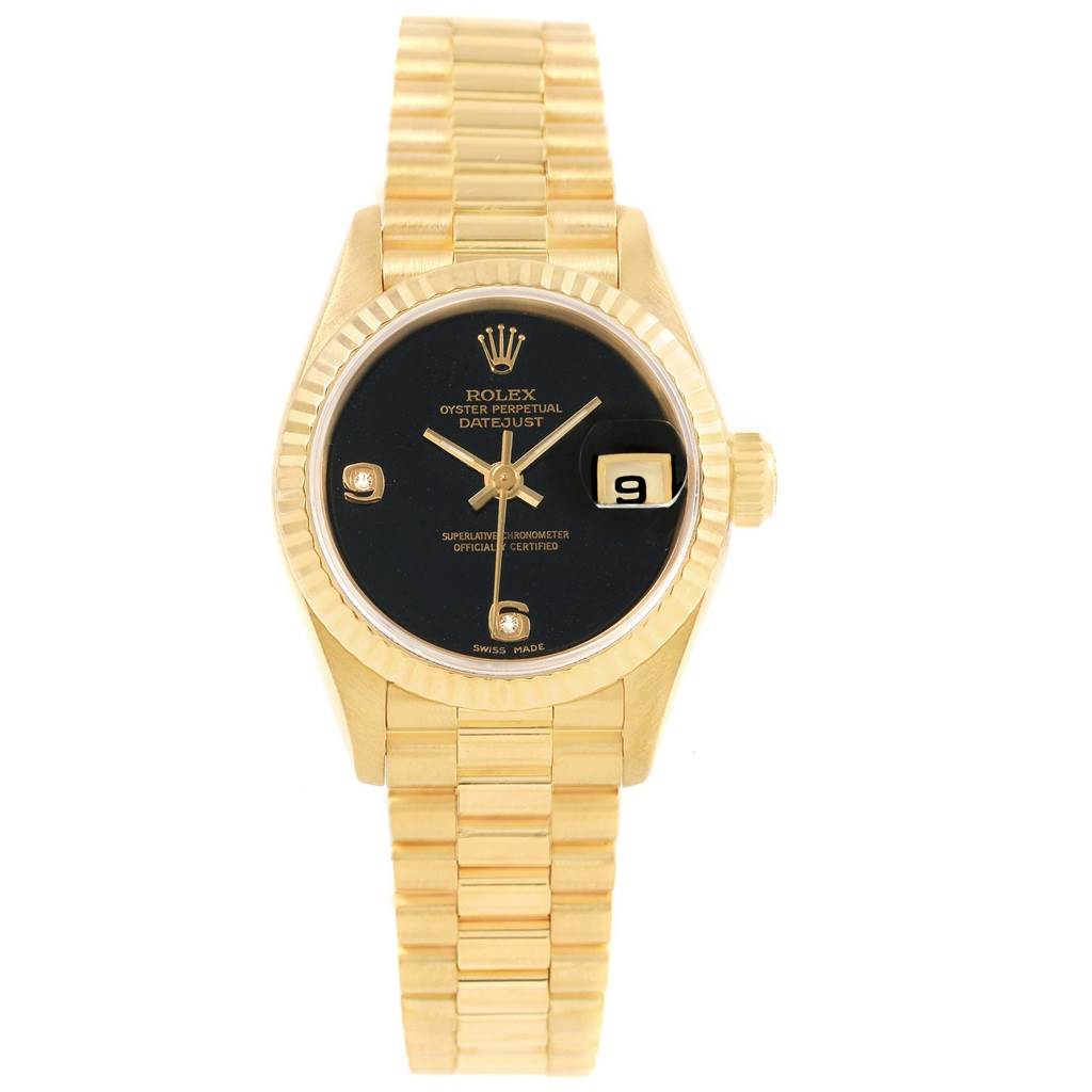 This image shows a front view of a Rolex President 69178 Women's Yellow Gold Black Dial 69178 Women's Yellow Gold Black Dial model watch, displaying the face, bezel, bracelet, and crown.
