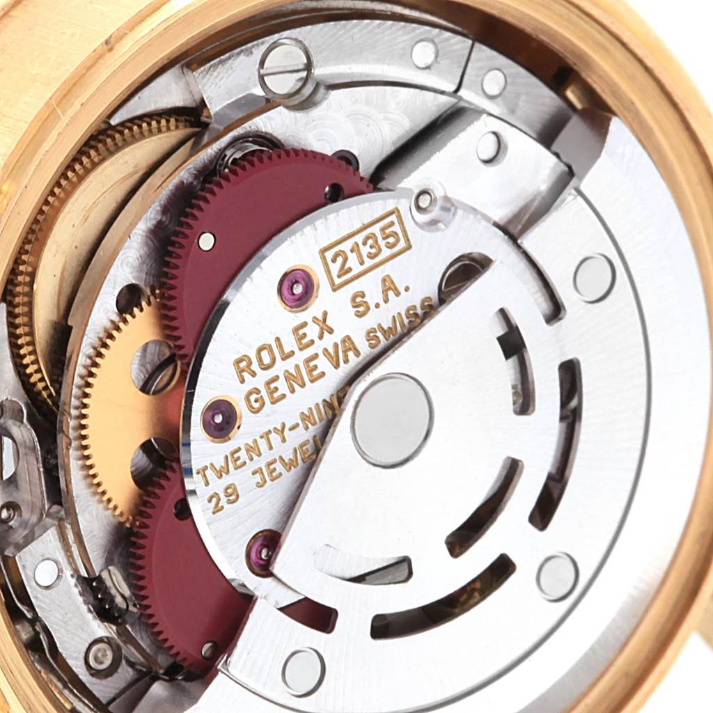 This image shows the internal movement mechanism of a Rolex President 69178 Women's Yellow Gold Black Dial 69178 Women's Yellow Gold Black Dial model watch at a close-up angle.