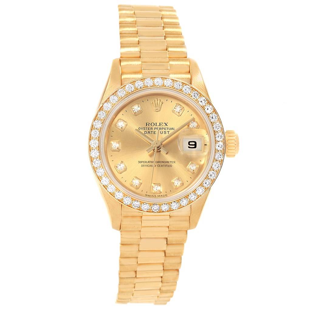 The image shows a front view of a Rolex President 79178 Women
s Yellow Gold Champagne Dial 79178 Women
s Yellow Gold Champagne Dial model watch, highlighting its gold band, diamond bezel, and date display.