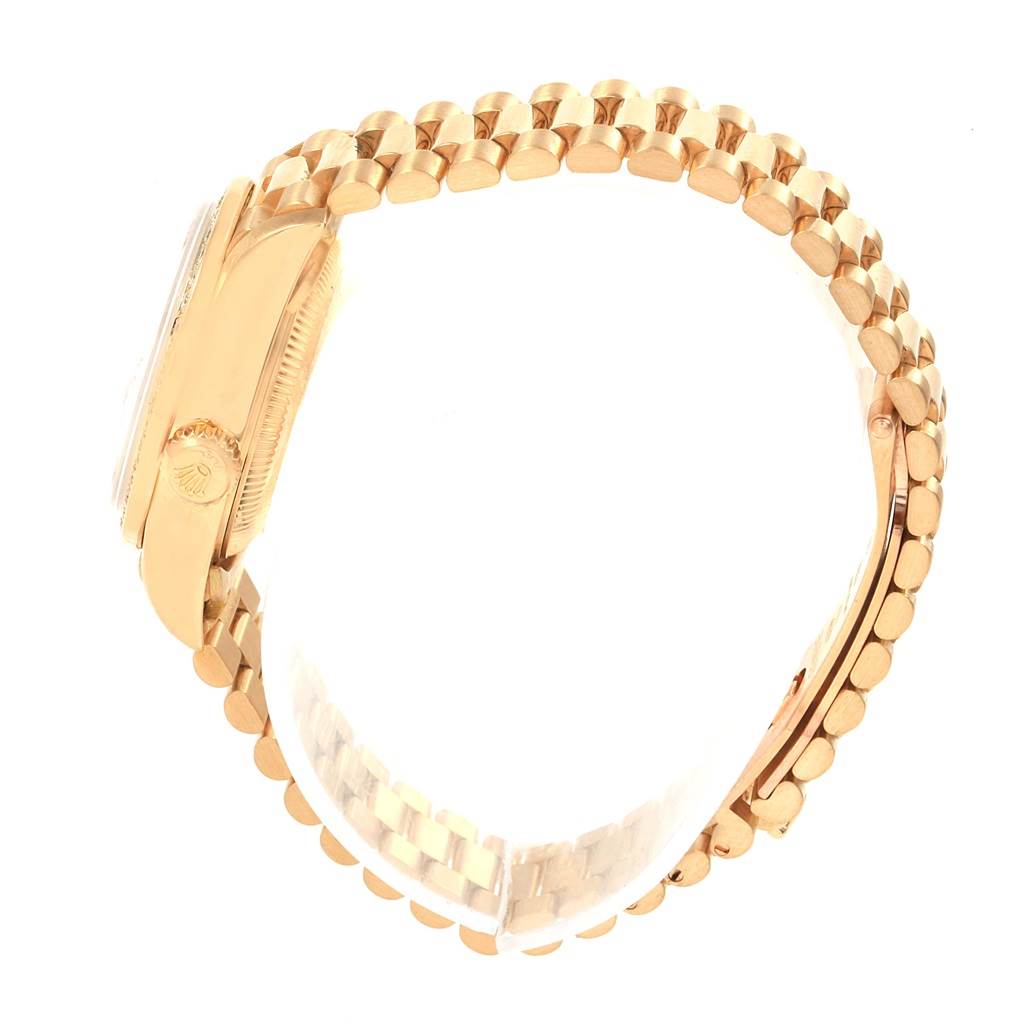 The image shows a side view of a Rolex President 79178 Women
s Yellow Gold Champagne Dial 79178 Women
s Yellow Gold Champagne Dial model watch, highlighting the bracelet and crown.