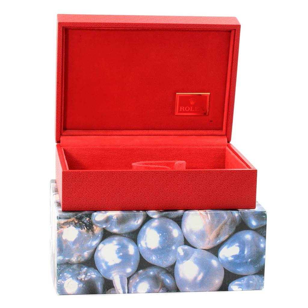 The image shows an open box with a red interior, likely designed for a Rolex President 79178 Women
s Yellow Gold Champagne Dial 79178 Women
s Yellow Gold Champagne Dial model watch.