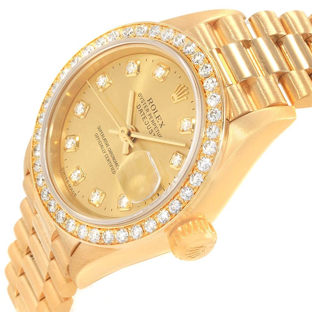 The image shows a close-up angled view of a Rolex President 79178 Women
s Yellow Gold Champagne Dial 79178 Women
s Yellow Gold Champagne Dial watch, featuring the dial, bezel, case, crown, and part of the bracelet.