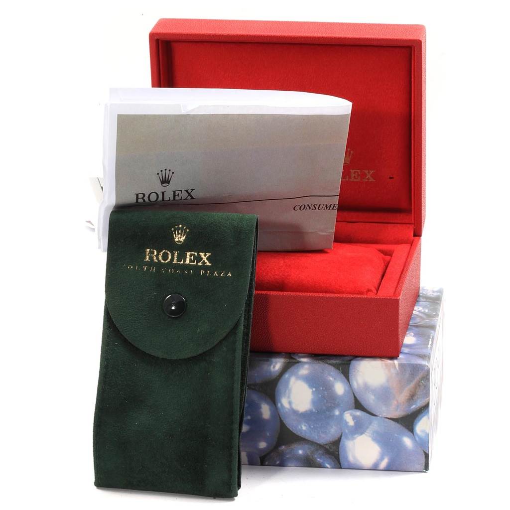 The image shows a green pouch, documents, a red box, and packaging for a Rolex President 79178 Women
s Yellow Gold Champagne Dial 79178 Women
s Yellow Gold Champagne Dial model watch.