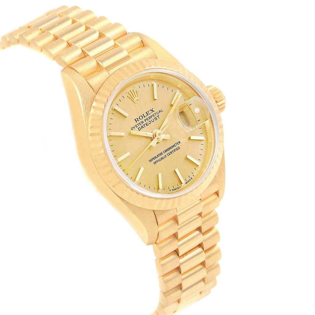 The Rolex President 79178 Women
s Yellow Gold Champagne Dial 79178 Women
s Yellow Gold Champagne Dial model watch is shown at a three-quarter angle, displaying the dial, bezel, and bracelet.