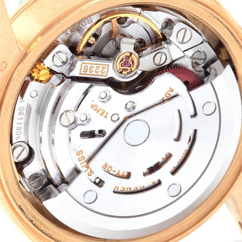 The image shows an angled close-up of the mechanical movement inside the Rolex President 79178 Women
s Yellow Gold Champagne Dial 79178 Women
s Yellow Gold Champagne Dial model watch.