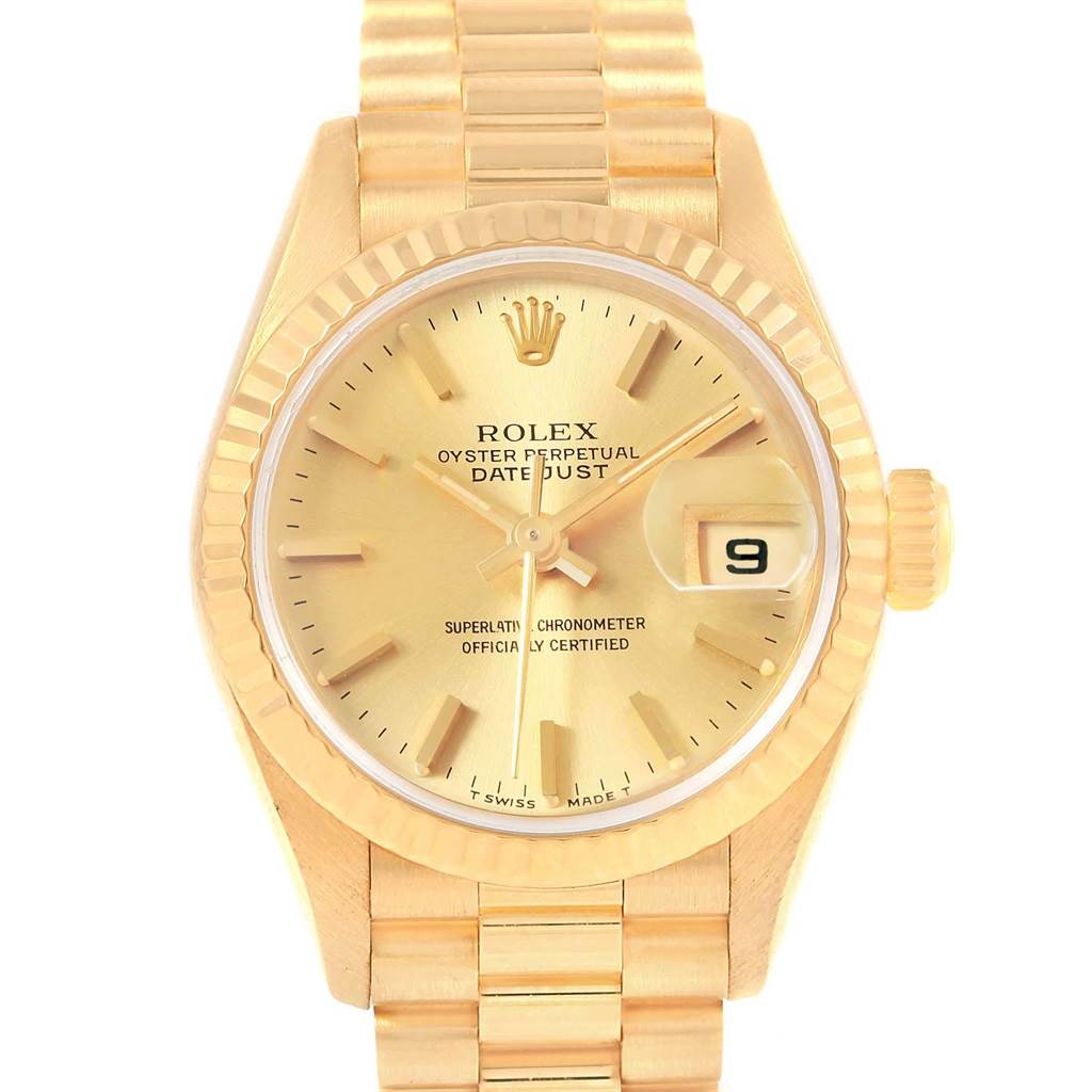 This image shows a frontal view of the Rolex President 79178 Women
s Yellow Gold Champagne Dial 79178 Women
s Yellow Gold Champagne Dial model watch, featuring the dial, hands, date window, bezel, and bracelet.