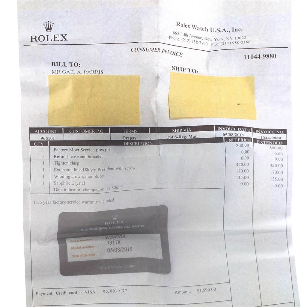 The image shows an invoice for services and parts for a Rolex President 79178 Women
s Yellow Gold Champagne Dial 79178 Women
s Yellow Gold Champagne Dial model watch.