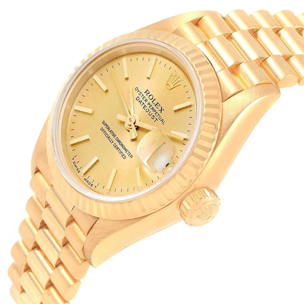 The image shows a side angle of a Rolex President 79178 Women
s Yellow Gold Champagne Dial 79178 Women
s Yellow Gold Champagne Dial model, displaying its gold case, bracelet, and face.