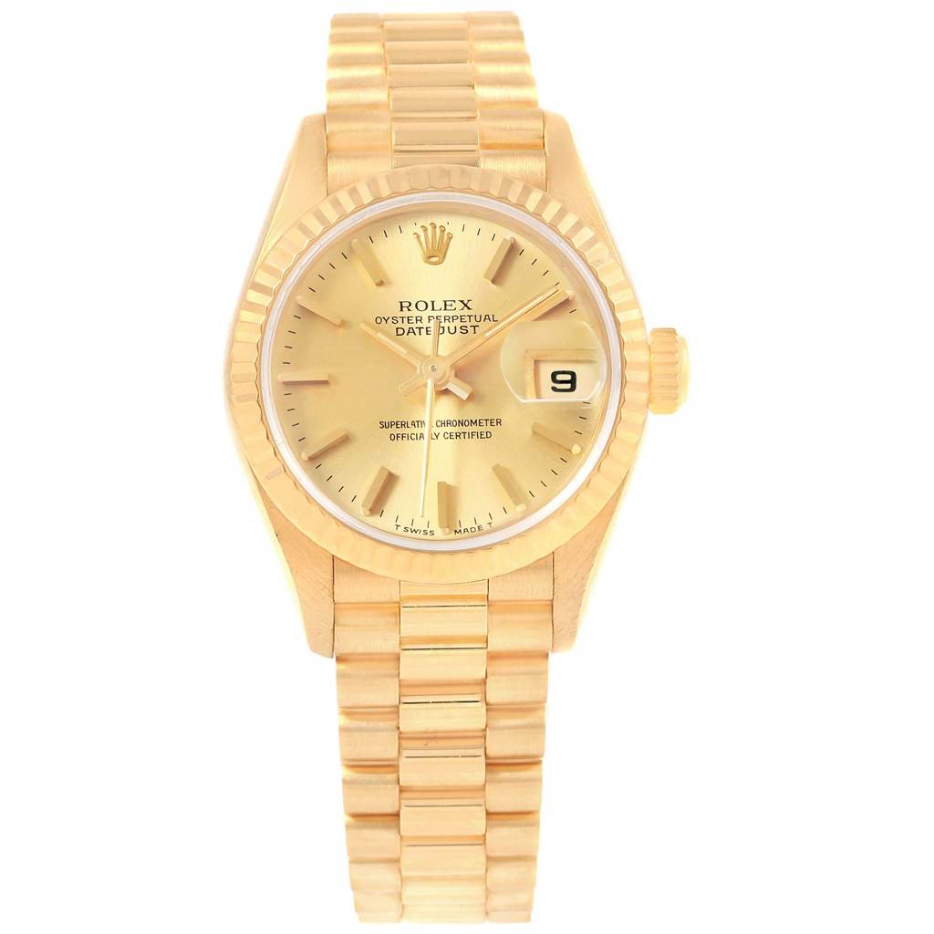 The image shows a front view of a Rolex President 79178 Women
s Yellow Gold Champagne Dial 79178 Women
s Yellow Gold Champagne Dial model watch, highlighting its dial, bezel, and bracelet.