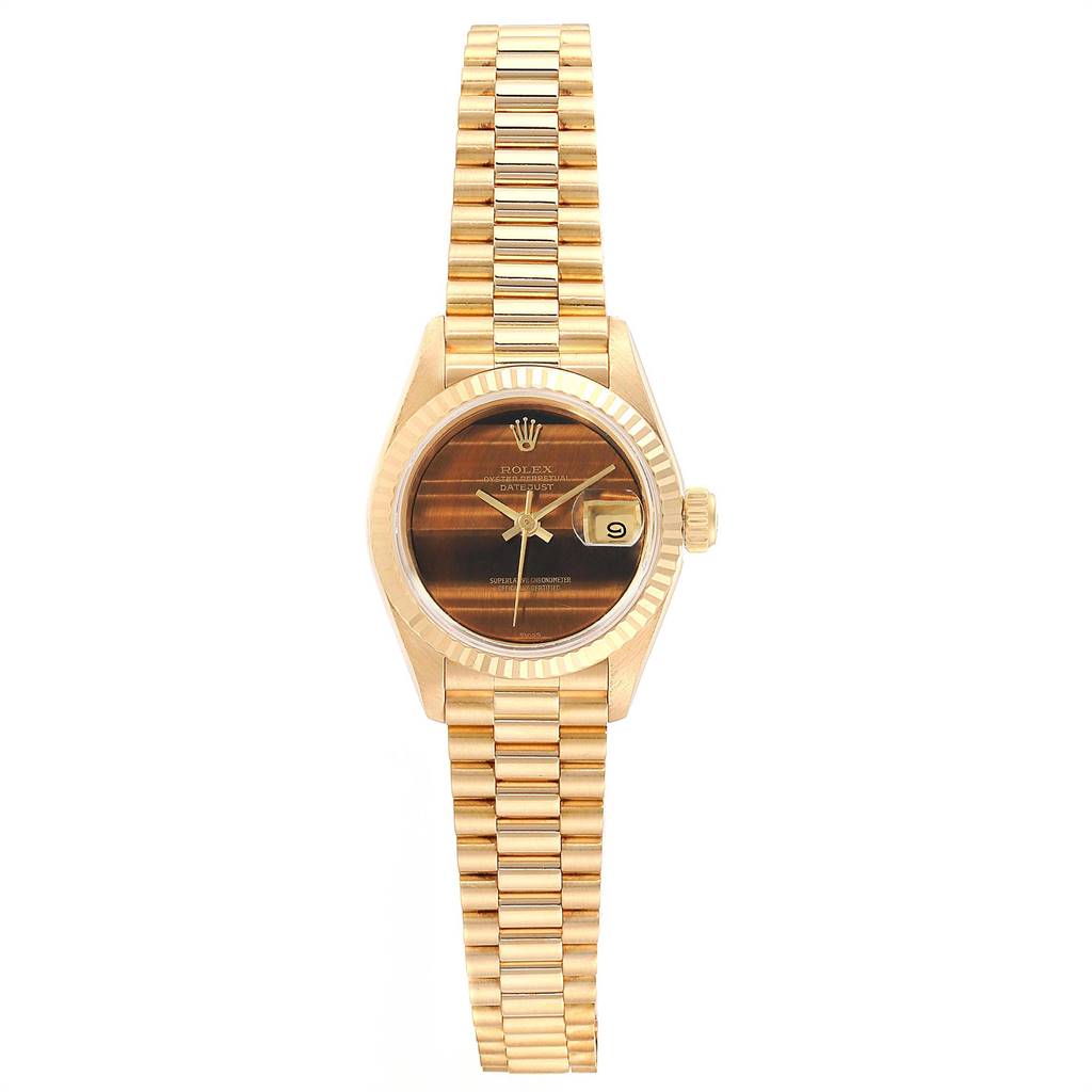 This image shows a frontal view of the Rolex President 69178 Women's Yellow Gold Brown Dial 69178 Women's Yellow Gold Brown Dial model watch, highlighting the dial, case, and bracelet.
