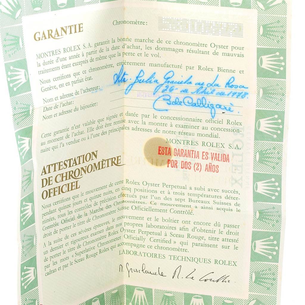 The image shows a warranty and official chronometer certificate for a Rolex President 6917 Women's Yellow Gold Champagne Dial 6917 Women's Yellow Gold Champagne Dial model watch.