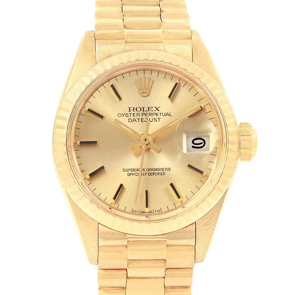This image shows a frontal view of a Rolex President 6917 Women's Yellow Gold Champagne Dial 6917 Women's Yellow Gold Champagne Dial model watch, displaying the face, bezel, and bracelet.