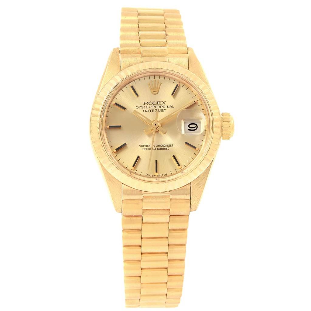The image shows a front view of the Rolex President 6917 Women's Yellow Gold Champagne Dial 6917 Women's Yellow Gold Champagne Dial model watch, displaying the face, band, and bezel.