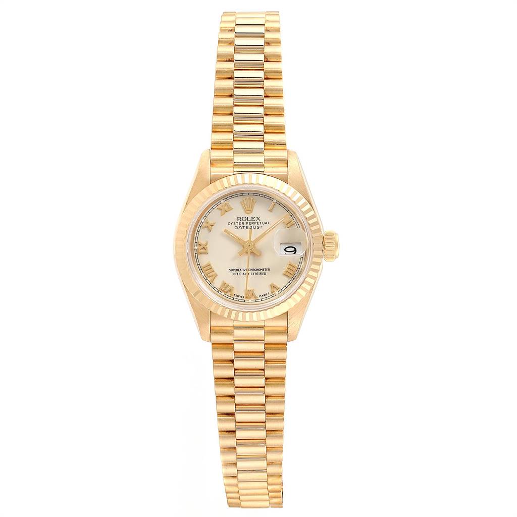 The Rolex President 69178 Women's Yellow Gold Beige Dial 69178 Women's Yellow Gold Beige Dial model watch is shown from a top-down angle, displaying its face, bezel, crown, and bracelet.