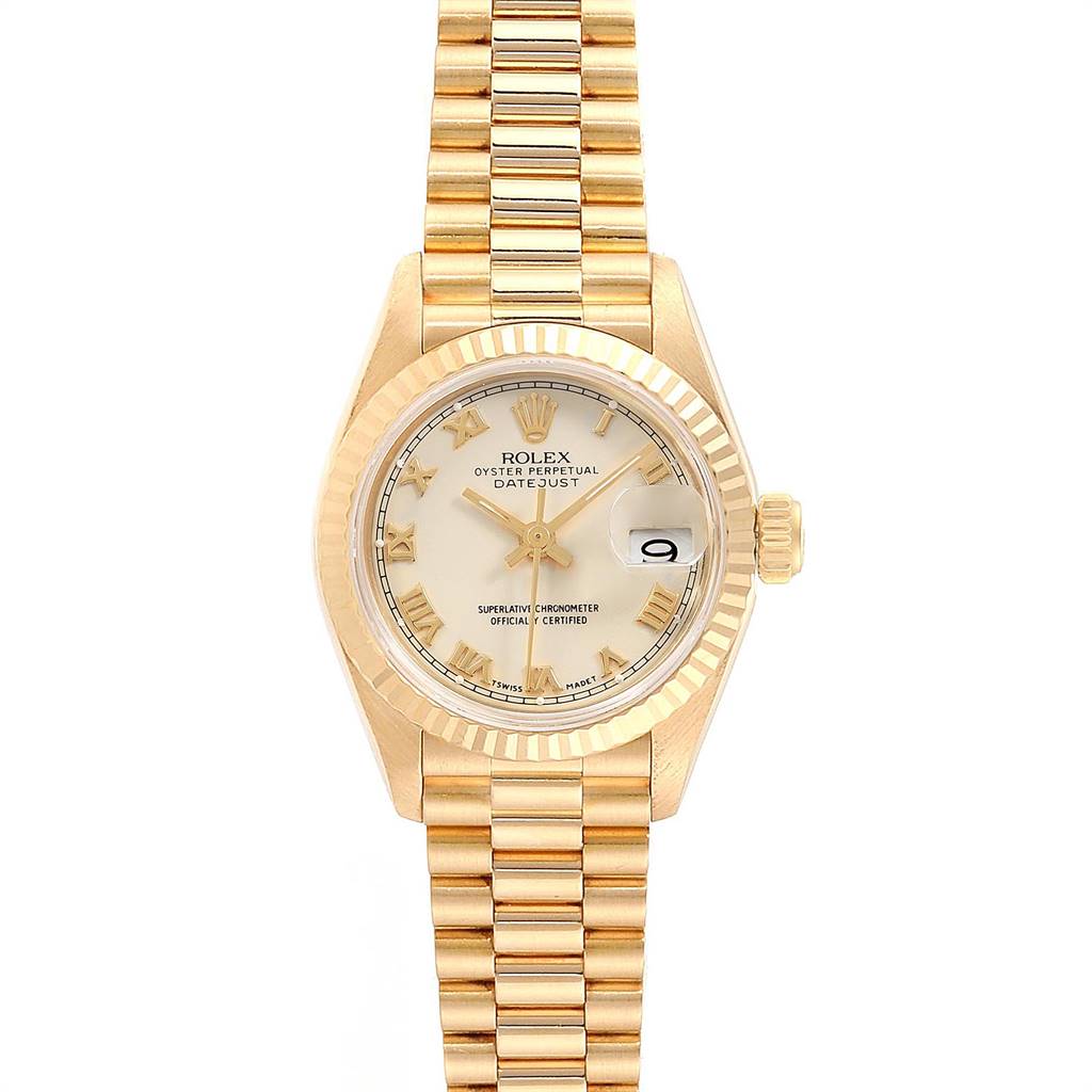 The image shows a front view of a Rolex President 69178 Women's Yellow Gold Beige Dial 69178 Women's Yellow Gold Beige Dial model watch, displaying the dial, date window, and bracelet.