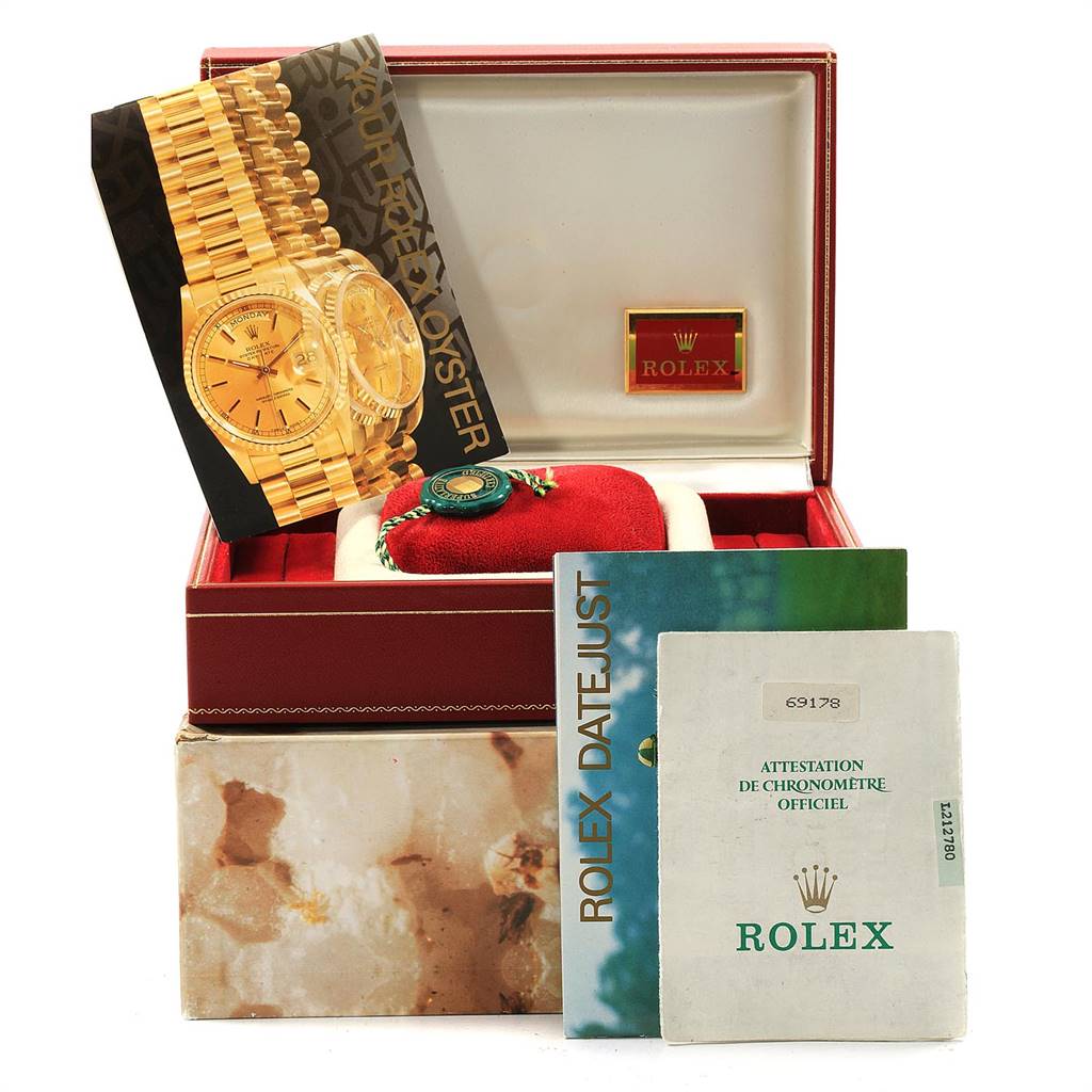 The image shows a Rolex President 69178 Women's Yellow Gold Beige Dial 69178 Women's Yellow Gold Beige Dial watch box with manuals, an authenticity certificate, and a Rolex tag.