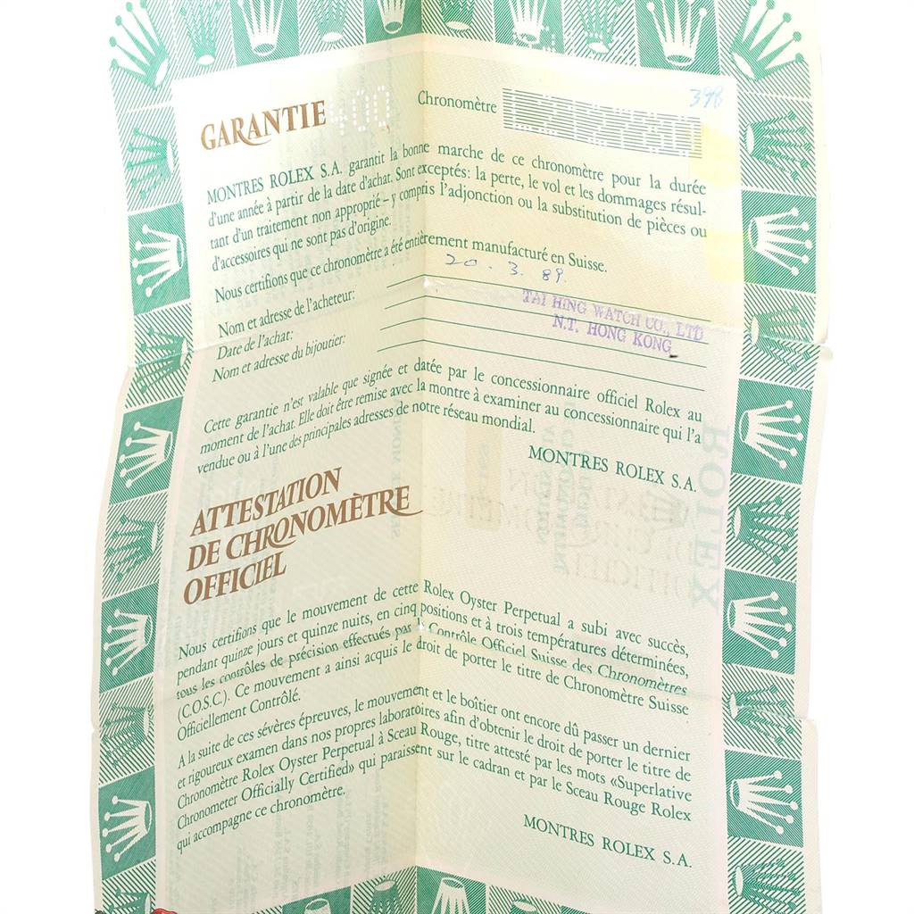 The image shows a warranty and chronometer certificate for a Rolex President 69178 Women's Yellow Gold Beige Dial 69178 Women's Yellow Gold Beige Dial model watch.