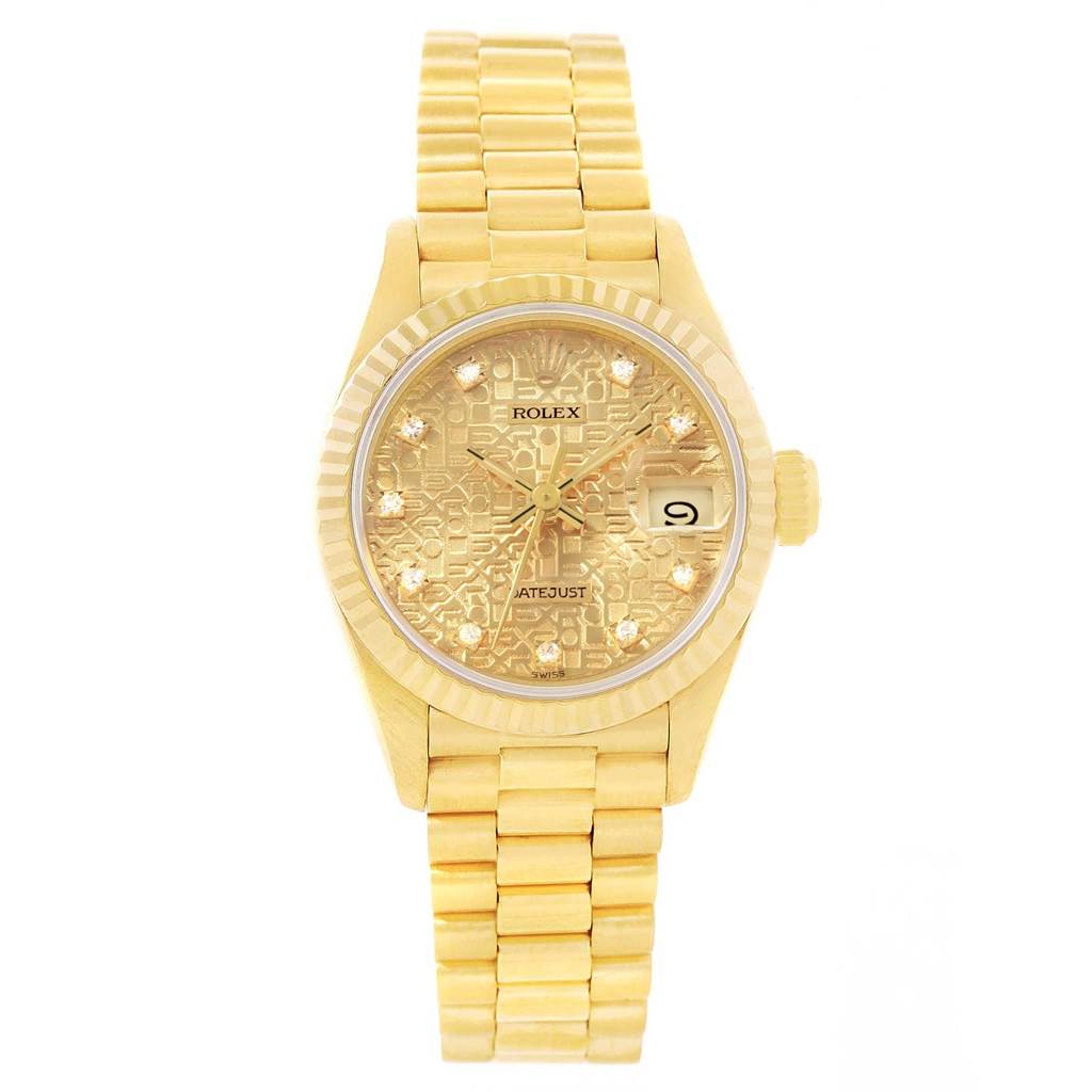 The image shows a front view of a Rolex President 69178 Women
s Yellow Gold Champagne Dial 69178 Women
s Yellow Gold Champagne Dial model watch, displaying its gold bracelet, patterned dial, and date window.