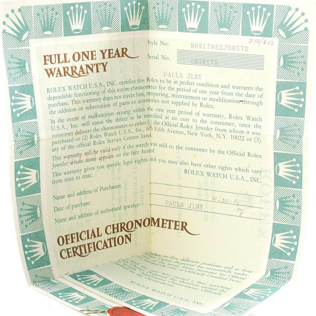 The image shows the warranty certificate for a Rolex President 69178 Women
s Yellow Gold Champagne Dial 69178 Women
s Yellow Gold Champagne Dial model watch, detailing its one-year warranty and chronometer certification.