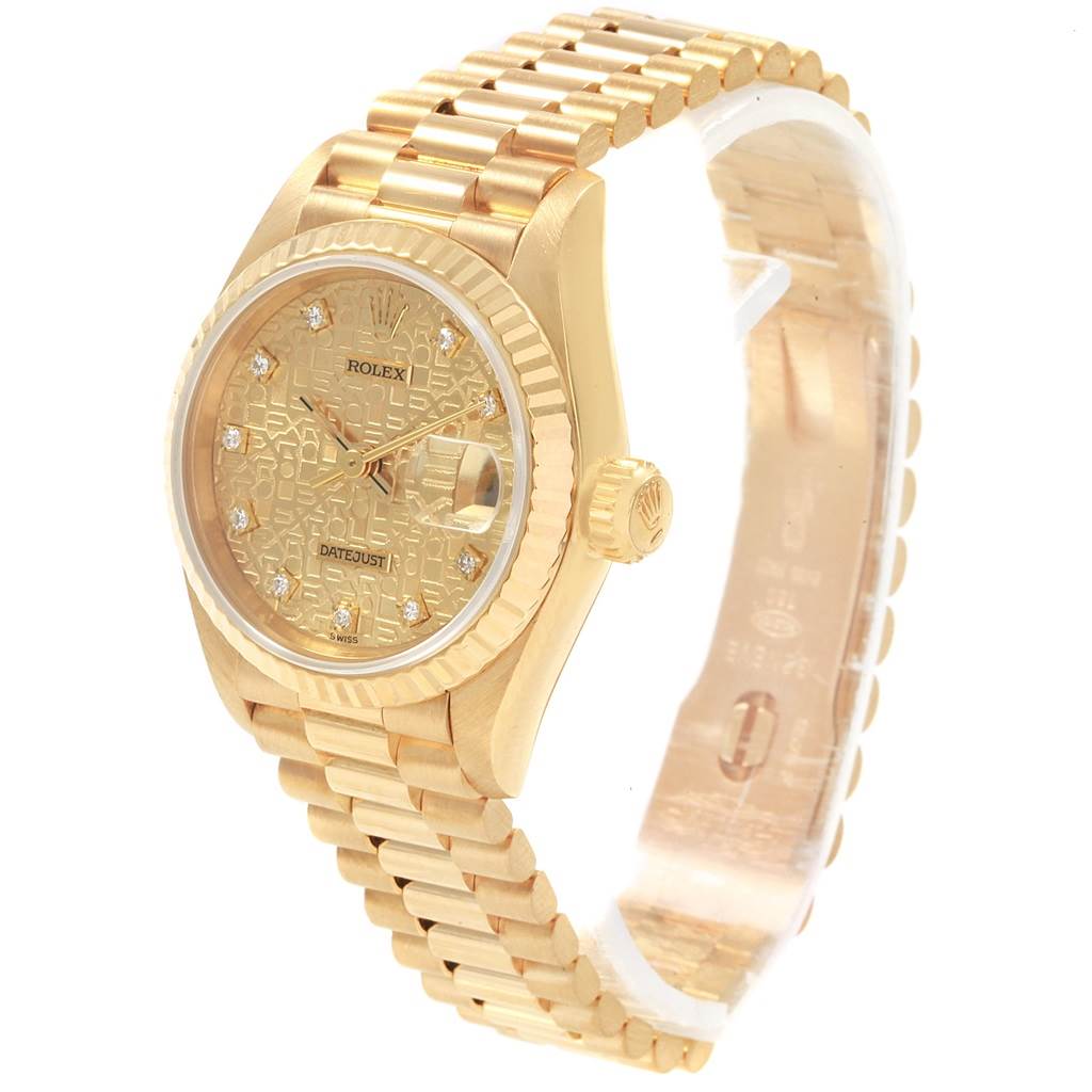 The Rolex President 69178 Women
s Yellow Gold Champagne Dial 69178 Women
s Yellow Gold Champagne Dial model is shown at a right-side angle, highlighting the face, bezel, crown, and bracelet.