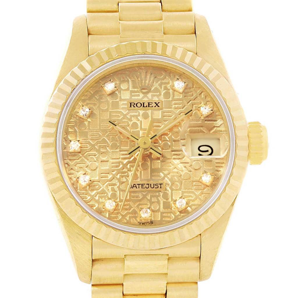 The image shows a close-up, front view of the Rolex President 69178 Women
s Yellow Gold Champagne Dial 69178 Women
s Yellow Gold Champagne Dial watch model, highlighting the face, bezel, and part of the bracelet.