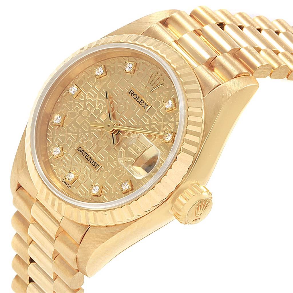 The Rolex President 69178 Women
s Yellow Gold Champagne Dial 69178 Women
s Yellow Gold Champagne Dial model watch is shown at an angle highlighting the face, bezel, crown, and part of the bracelet.